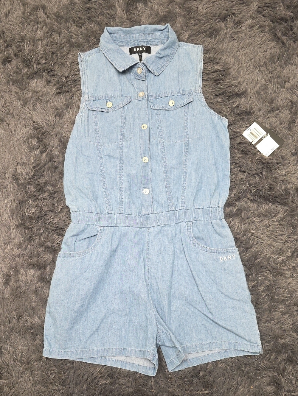 DKNY Light Blue Denim Sleeveless Kids One-Piece Romper. Size L. NWT!